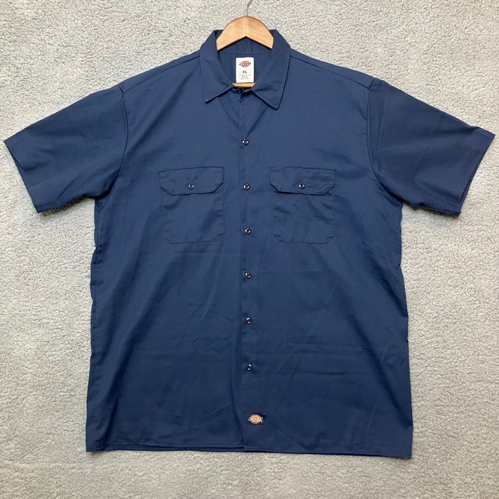 Dickies Button Up Shirt Men XL Navy Short Sleeve Workwear Garage Flap Pockets